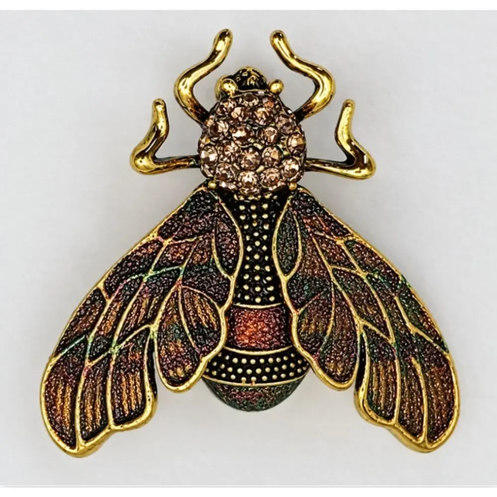 Gold Tone Cicada Insect Brooch Pin Iridescent Multi color Wings Rhinestone Head